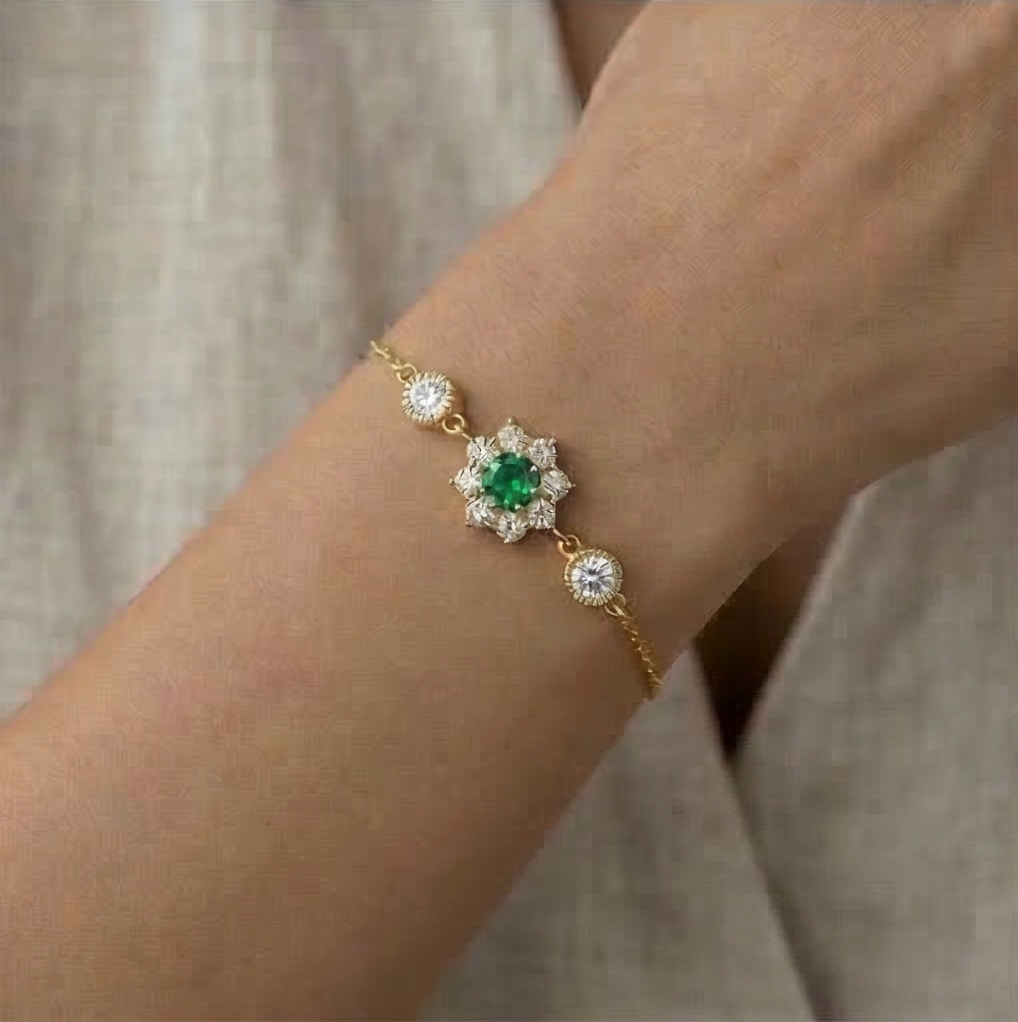925 Sterling Silver Gold Plated Green Floral Bracelet Premium Jewellery for Women
