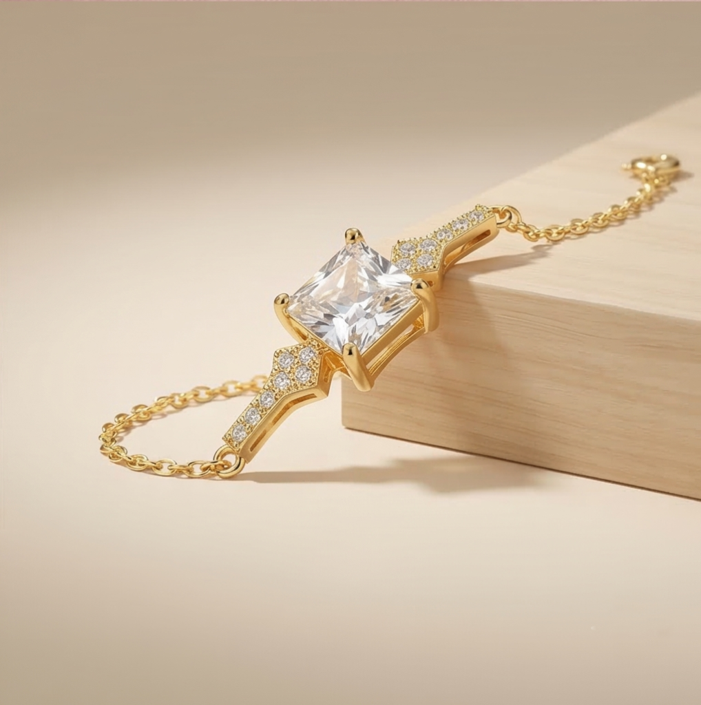 AGOR 925 Sterling Silver Gold Plated Square Centerpiece Bracelet Premium Jewellery for Women