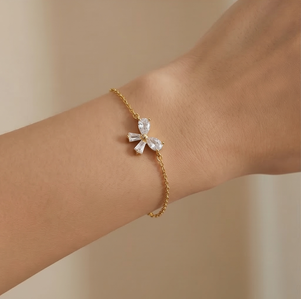 925 Sterling Silver Ribbon Bow Bracelet in Gold Finish Dainty Premium Jewellery for Women