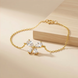 AGOR 925 Sterling Silver Ribbon Bow Bracelet in Gold Finish Dainty Premium Jewellery for Women