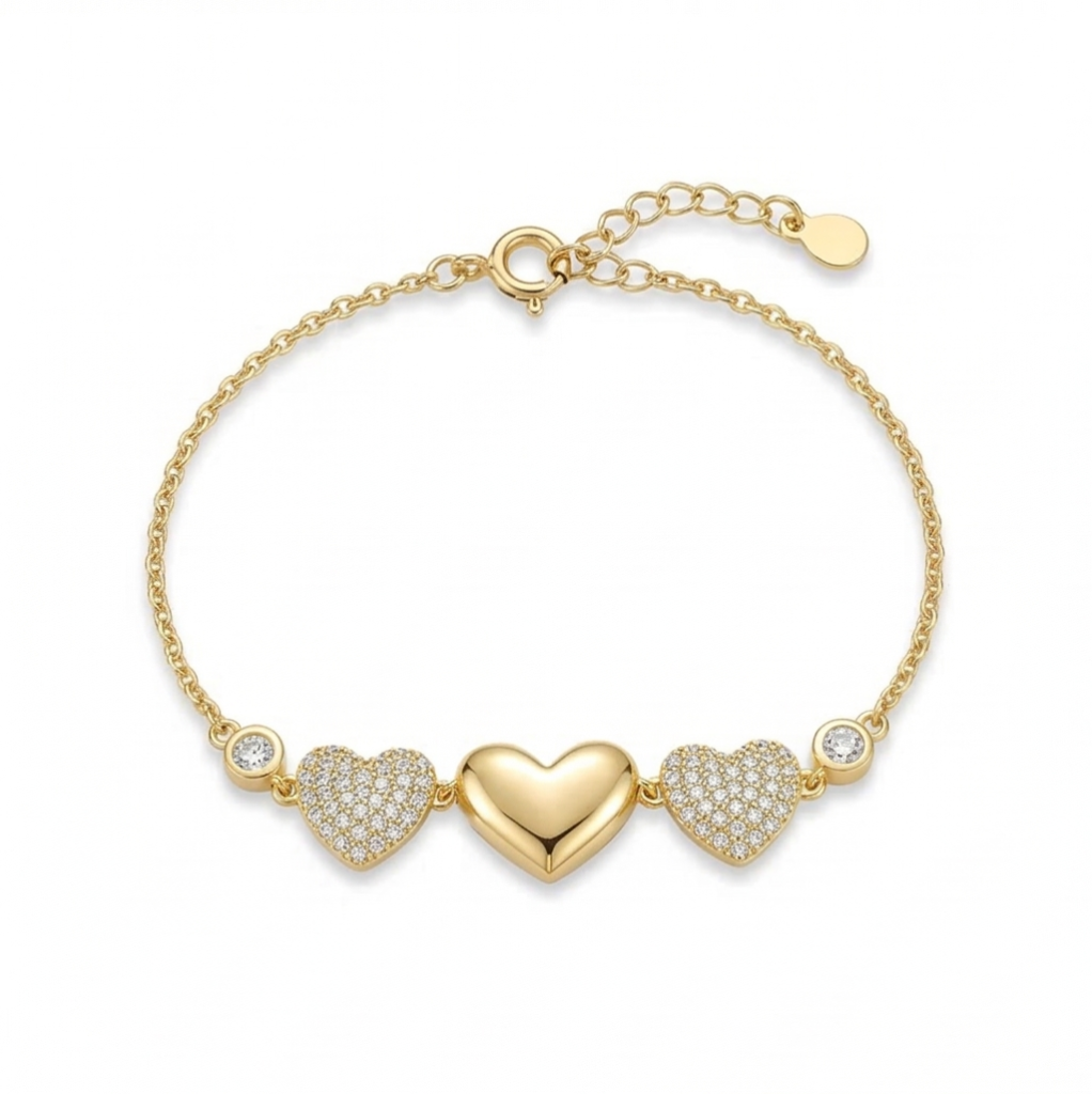 AGOR 925 Sterling Silver Triple Heart Bracelet in Premium Gold Finish Romantic Jewellery for Women