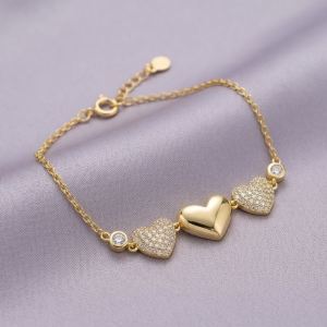 925 Sterling Silver Triple Heart Bracelet in Premium Gold Finish Romantic Jewellery for Women