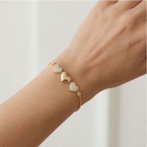 AGOR 925 Sterling Silver Triple Heart Bracelet in Premium Gold Finish Romantic Jewellery for Women