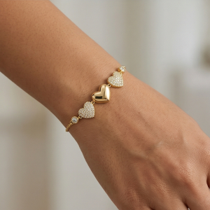 AGOR 925 Sterling Silver Triple Heart Bracelet in Premium Gold Finish Romantic Jewellery for Women