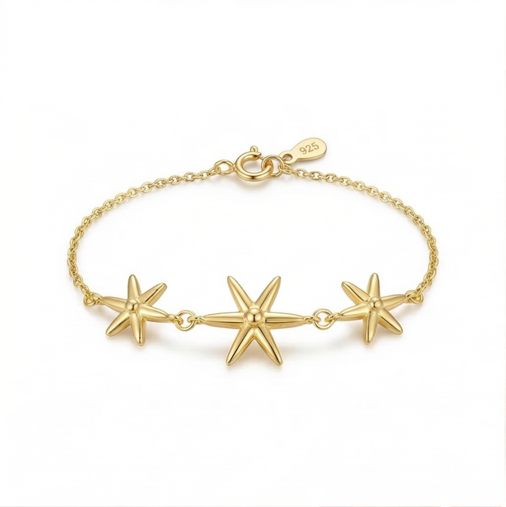 AGOR 925 Sterling Silver Triple Starfish Bracelet in Premium Gold Finish Everyday Jewellery for Women