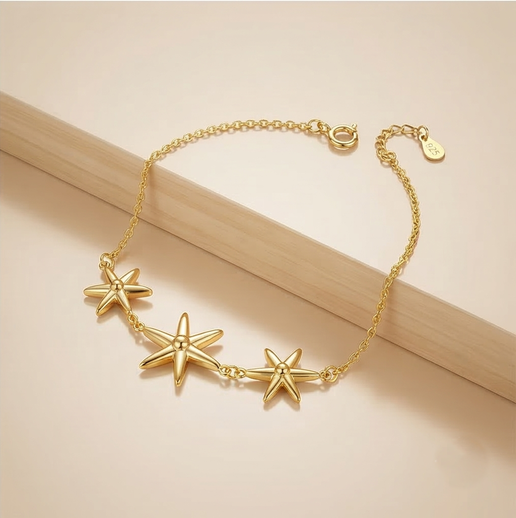 925 Sterling Silver Triple Starfish Bracelet in Premium Gold Finish Everyday Jewellery for Women