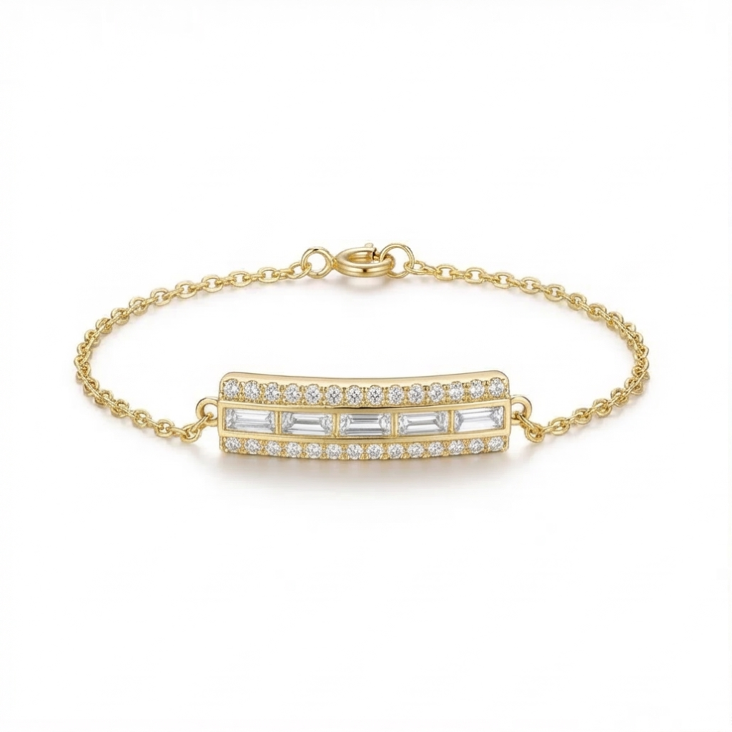 AGOR 925 Sterling Silver Baguette Bar Bracelet in Premium Gold Finish Jewellery for Women