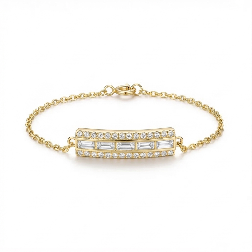 925 Sterling Silver Baguette Bar Bracelet in Premium Gold Finish Jewellery for Women