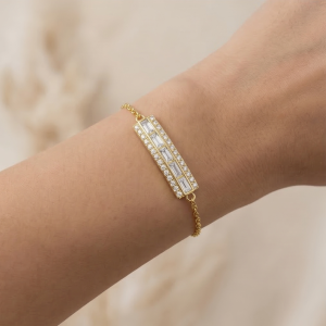 AGOR 925 Sterling Silver Baguette Bar Bracelet in Premium Gold Finish Jewellery for Women