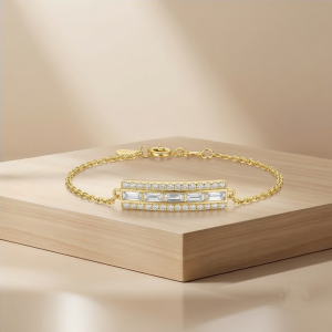 AGOR 925 Sterling Silver Baguette Bar Bracelet in Premium Gold Finish Jewellery for Women