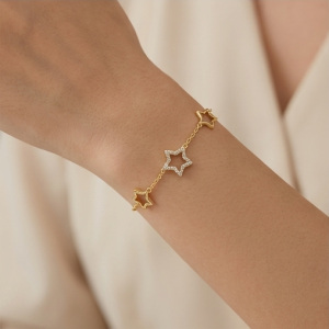 AGOR 925 Sterling Silver Gold Plated Open Star Charm Bracelet Minimalist Premium Jewellery for Women