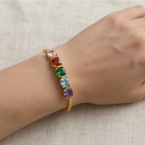 AGOR 925 Sterling Silver Gold Plated Multi-Color Cushion Gem Premium Jewellery for Women