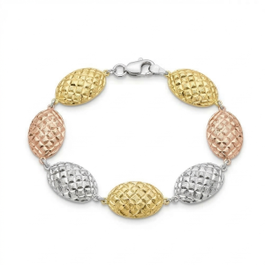 AGOR 925 Sterling Silver Tri-Color Diamond-Cut Beaded Link Bracelet Premium Jewellery for Women