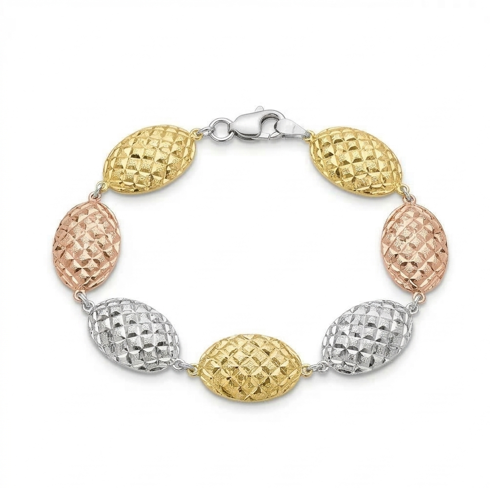 925 Sterling Silver Tri-Color Diamond-Cut Beaded Link Bracelet Premium Jewellery for Women
