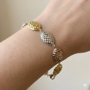 AGOR 925 Sterling Silver Tri-Color Diamond-Cut Beaded Link Bracelet Premium Jewellery for Women