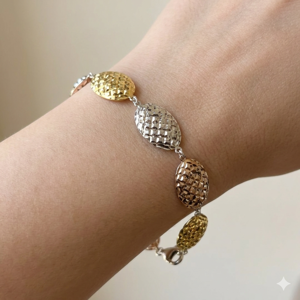 925 Sterling Silver Tri-Color Diamond-Cut Beaded Link Bracelet Premium Jewellery for Women