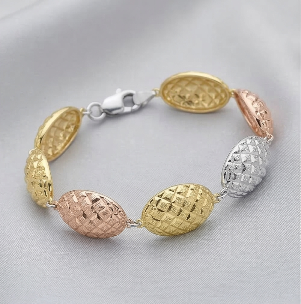 925 Sterling Silver Tri-Color Diamond-Cut Beaded Link Bracelet Premium Jewellery for Women