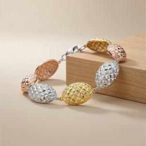 AGOR 925 Sterling Silver Tri-Color Diamond-Cut Beaded Link Bracelet Premium Jewellery for Women