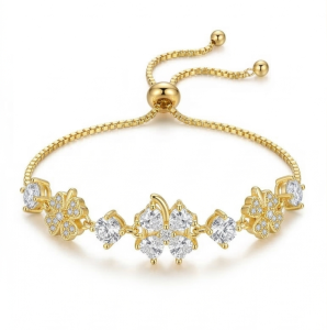 AGOR 925 Sterling Silver Gold Plated Floral Clover Adjustable Bolo Bracelet Premium Jewellery for Women
