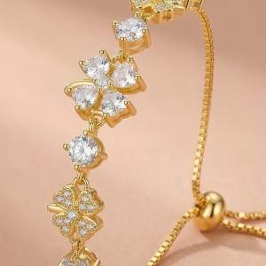925 Sterling Silver Gold Plated Floral Clover Adjustable Bolo Bracelet Premium Jewellery for Women