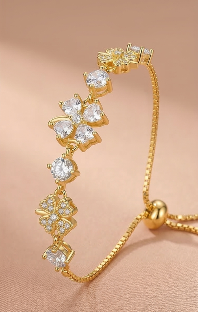 AGOR 925 Sterling Silver Gold Plated Floral Clover Adjustable Bolo Bracelet Premium Jewellery for Women