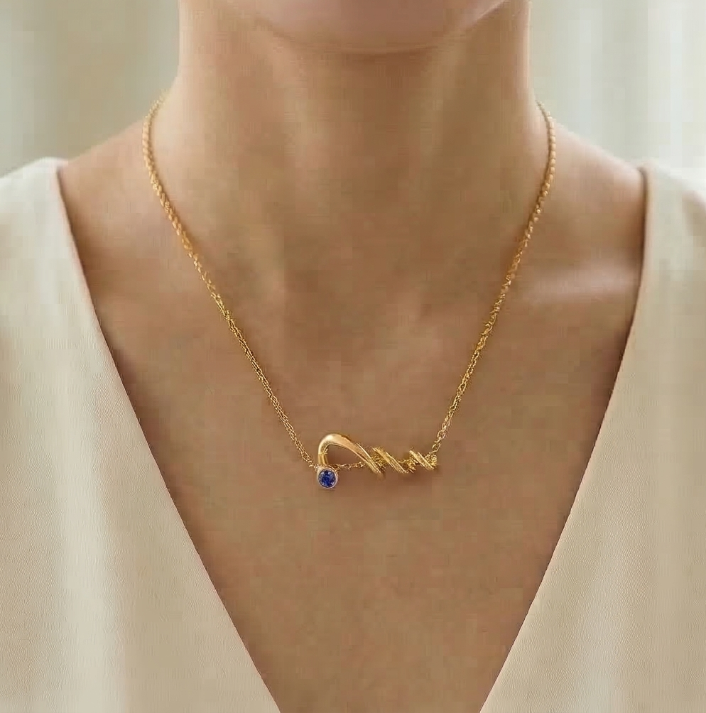 925 Sterling Silver Gold Plated Twisted Wave Blue Stone Pendant Necklace Women's Jewellery