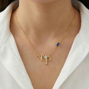 AGOR 925 Sterling Silver Gold Plated Capricorn Zodiac Blue Stone Pendant Necklace Women's Jewellery