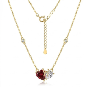 AGOR 925 Sterling Silver Two-Tone Red Heart Bow Necklace Jewellery with Gold Finish