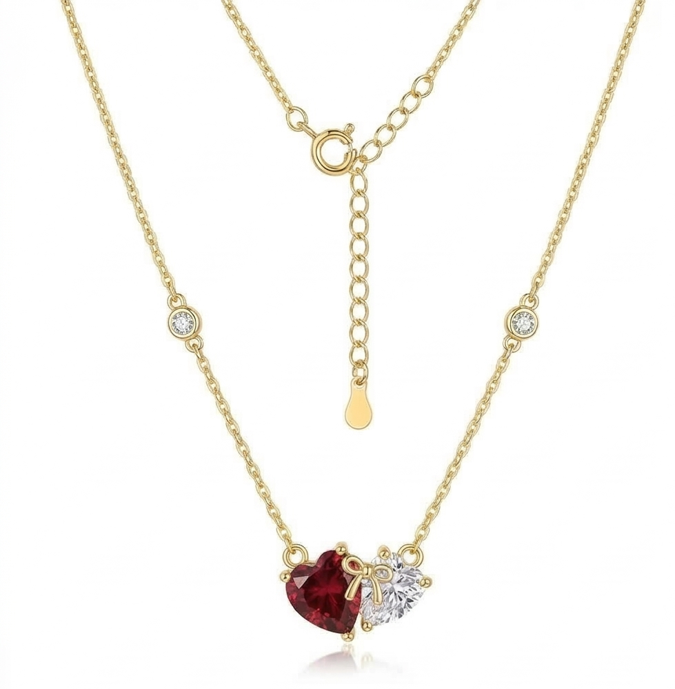 925 Sterling Silver Two-Tone Red Heart Bow Necklace Jewellery with Gold Finish