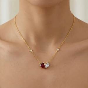 AGOR 925 Sterling Silver Two-Tone Red Heart Bow Necklace Jewellery with Gold Finish