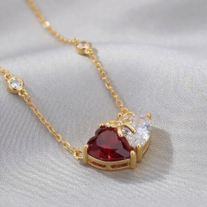AGOR 925 Sterling Silver Two-Tone Red Heart Bow Necklace Jewellery with Gold Finish