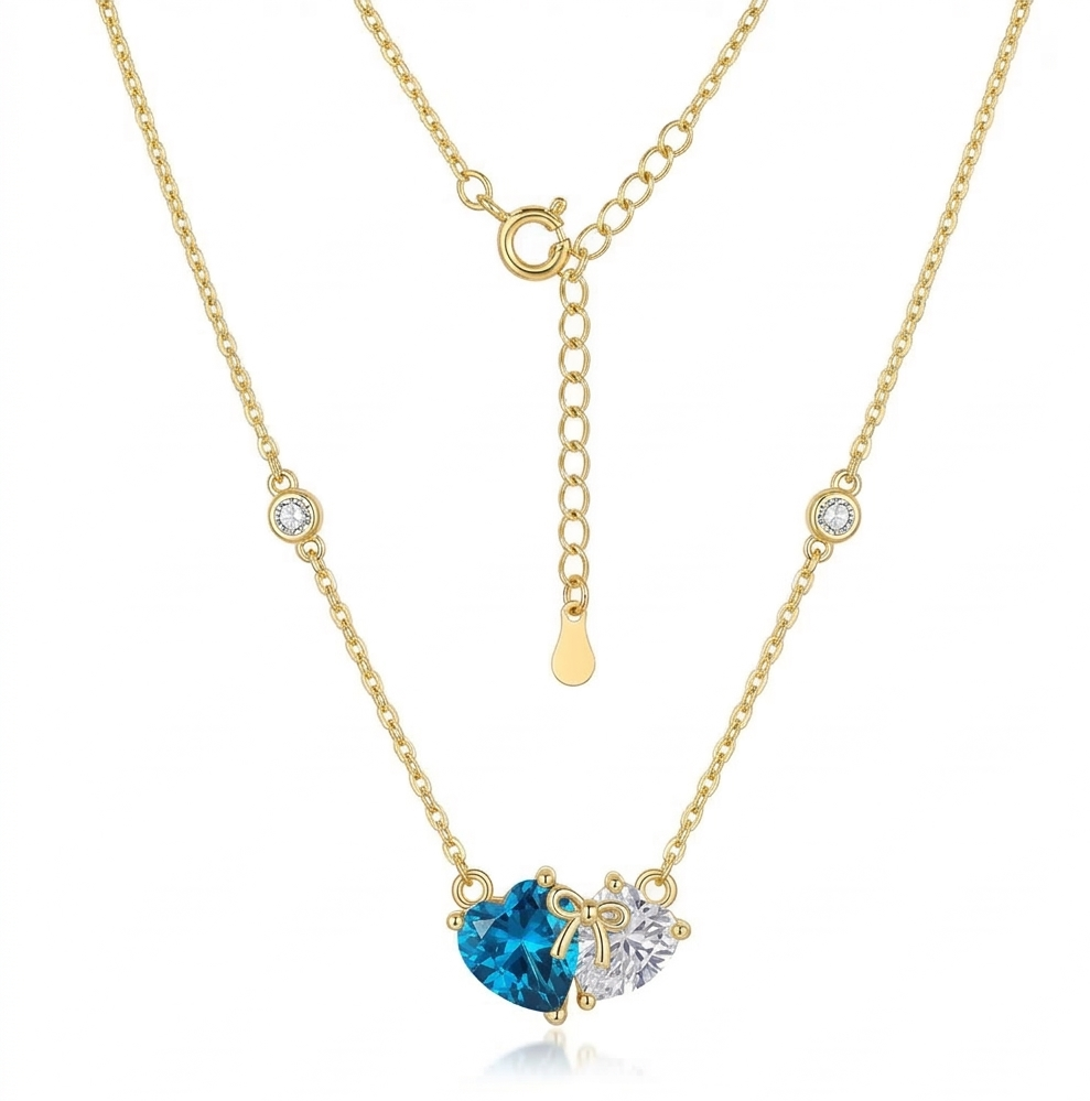 925 Sterling Silver Two-Tone Blue Heart Bow Necklace Jewellery with Gold Finish