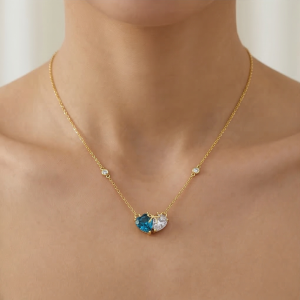 AGOR 925 Sterling Silver Two-Tone Blue Heart Bow Necklace Jewellery with Gold Finish