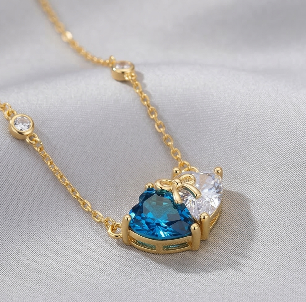 925 Sterling Silver Two-Tone Blue Heart Bow Necklace Jewellery with Gold Finish
