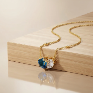 AGOR 925 Sterling Silver Two-Tone Blue Heart Bow Necklace Jewellery with Gold Finish
