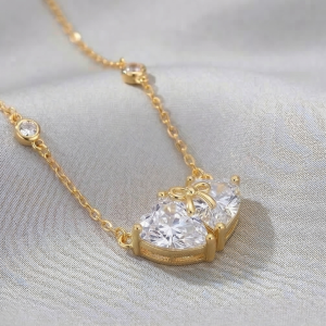 AGOR 925 Sterling Silver Interlocking Hearts Bow Necklace Jewellery with Gold Finish