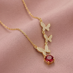 AGOR 925 Sterling Silver Ascending Butterfly Red Drop Necklace Jewellery with Gold Finish