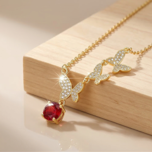 925 Sterling Silver Ascending Butterfly Red Drop Necklace Jewellery with Gold Finish
