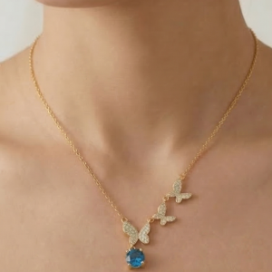 925 Sterling Silver Ascending Butterfly Blue Drop Necklace Jewellery with Gold Finish