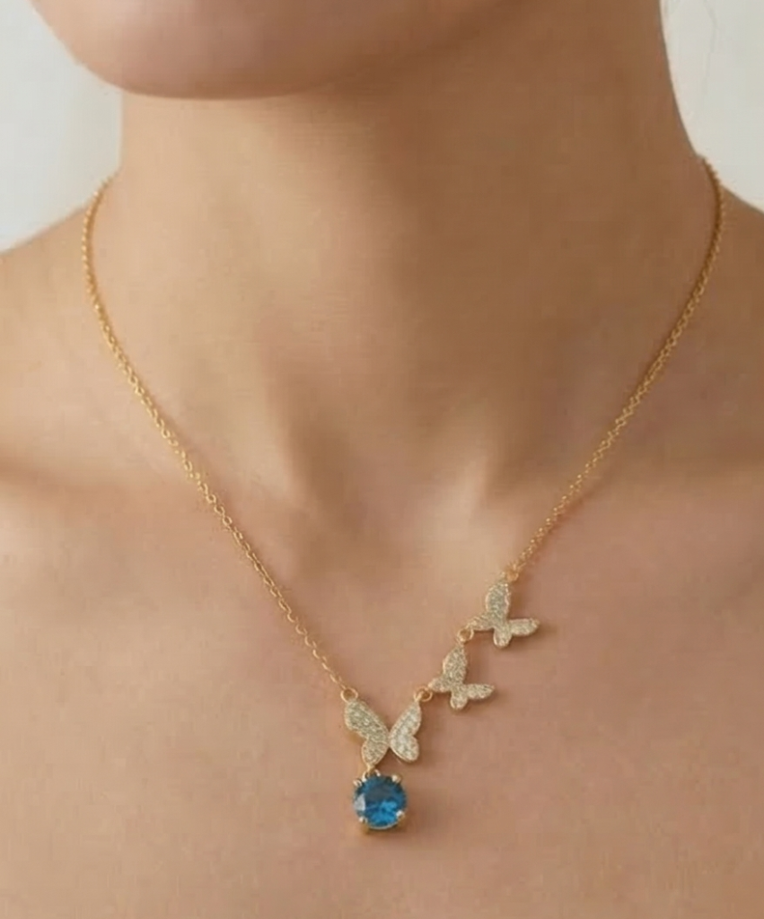 AGOR 925 Sterling Silver Ascending Butterfly Blue Drop Necklace Jewellery with Gold Finish