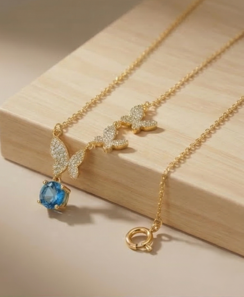 AGOR 925 Sterling Silver Ascending Butterfly Blue Drop Necklace Jewellery with Gold Finish