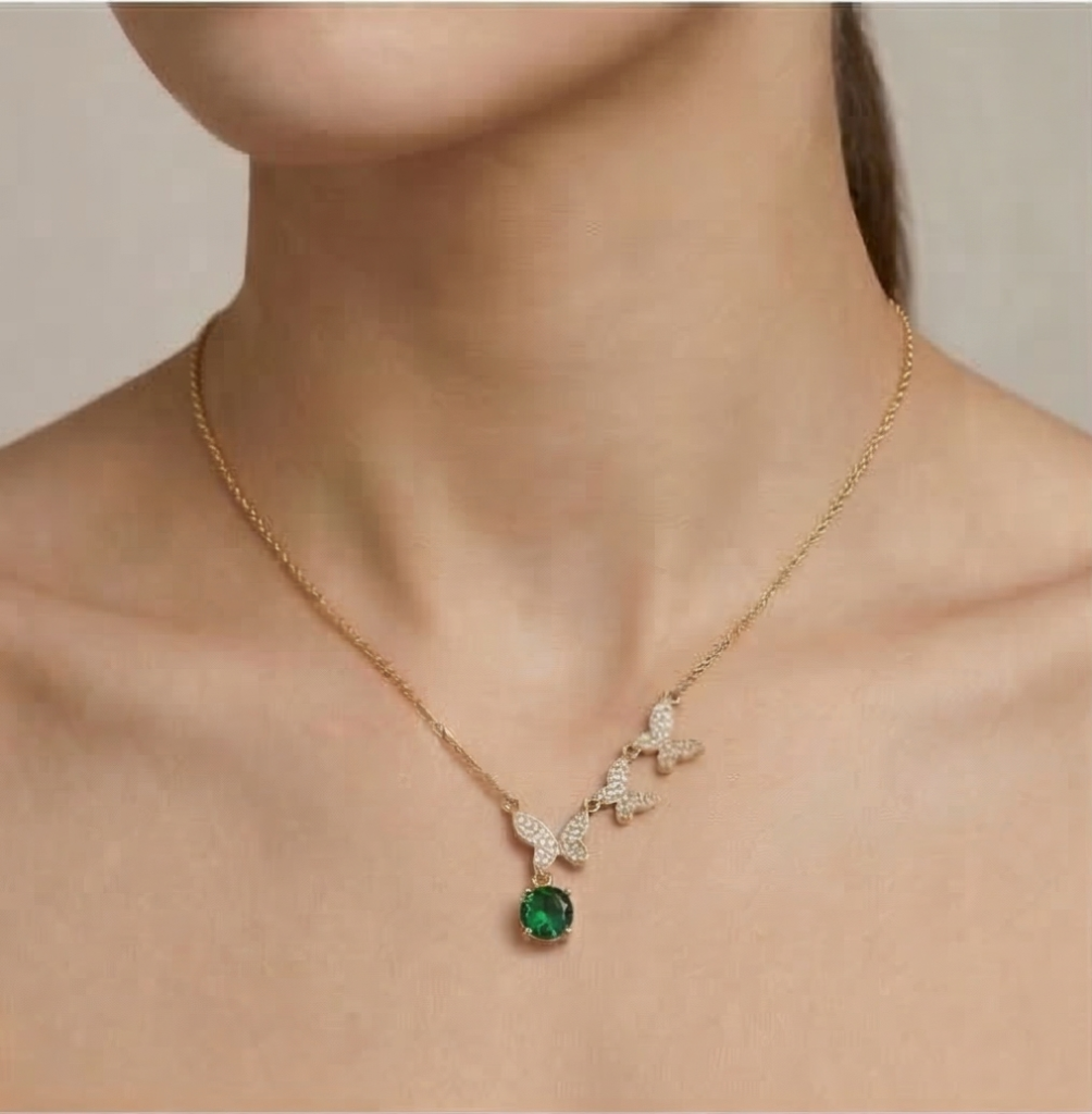 AGOR 925 Sterling Silver Ascending Butterfly Green Drop Necklace Jewellery with Gold Finish