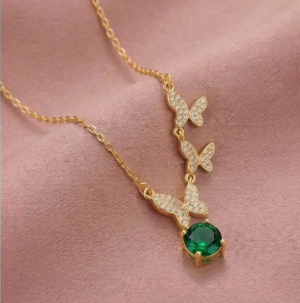 AGOR 925 Sterling Silver Ascending Butterfly Green Drop Necklace Jewellery with Gold Finish