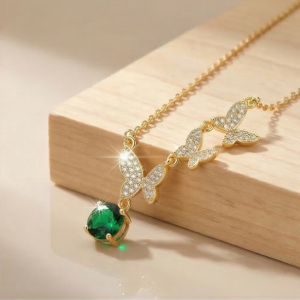 AGOR 925 Sterling Silver Ascending Butterfly Green Drop Necklace Jewellery with Gold Finish