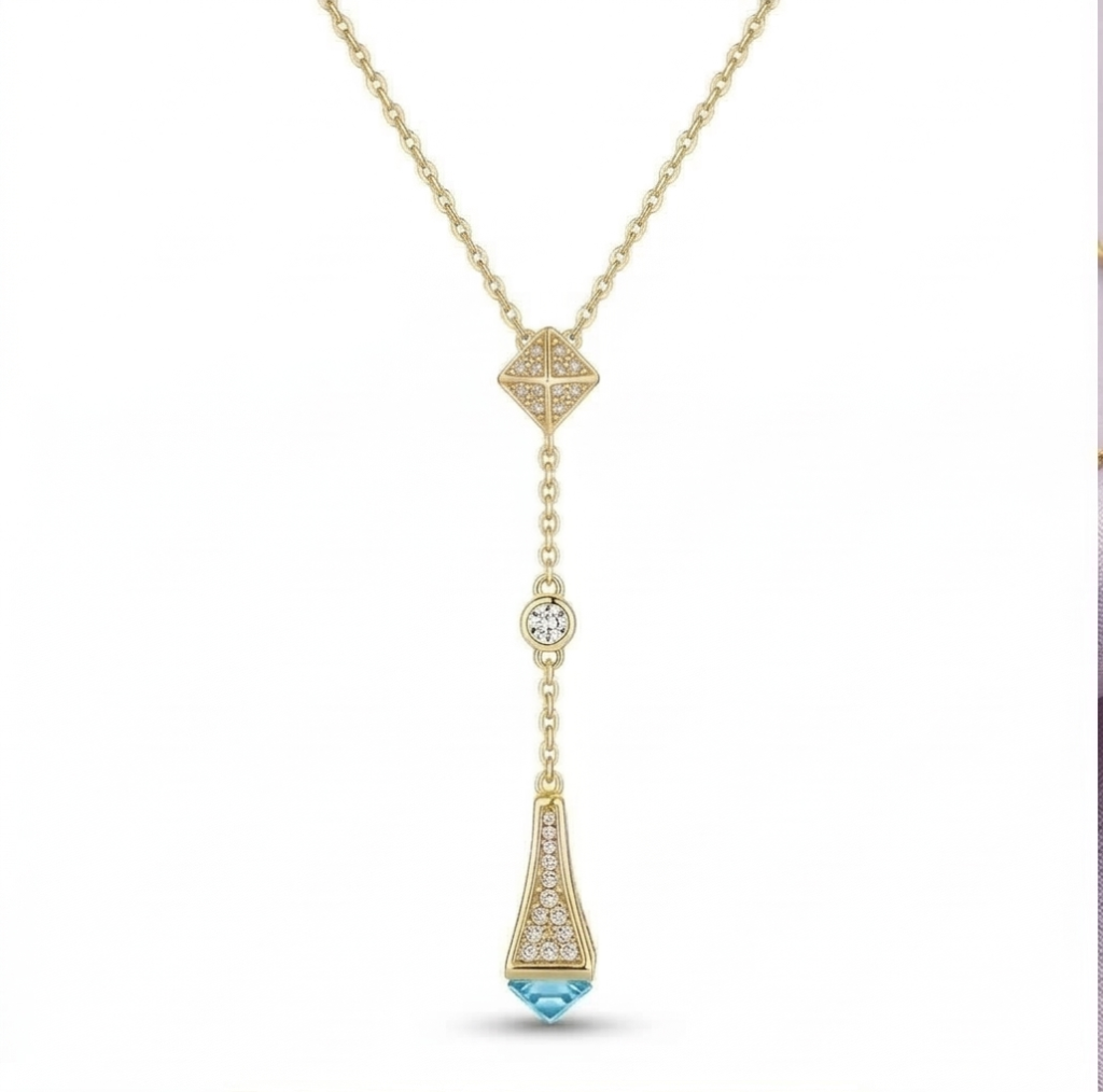 AGOR 925 Sterling Silver Geometric Blue Accent Y-Necklace Jewellery with Gold Finish