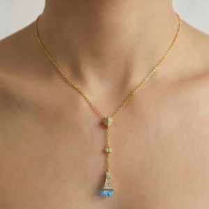 925 Sterling Silver Geometric Blue Accent Y-Necklace Jewellery with Gold Finish