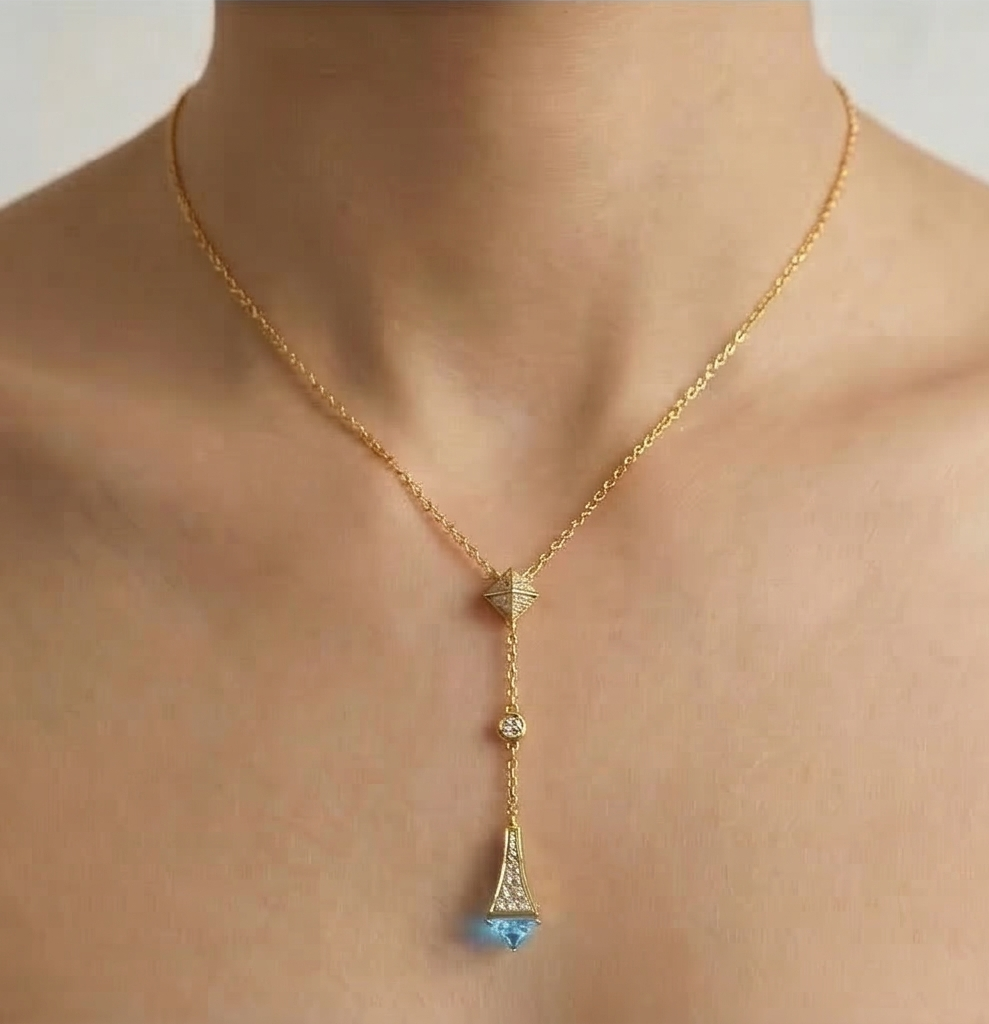 925 Sterling Silver Geometric Blue Accent Y-Necklace Jewellery with Gold Finish