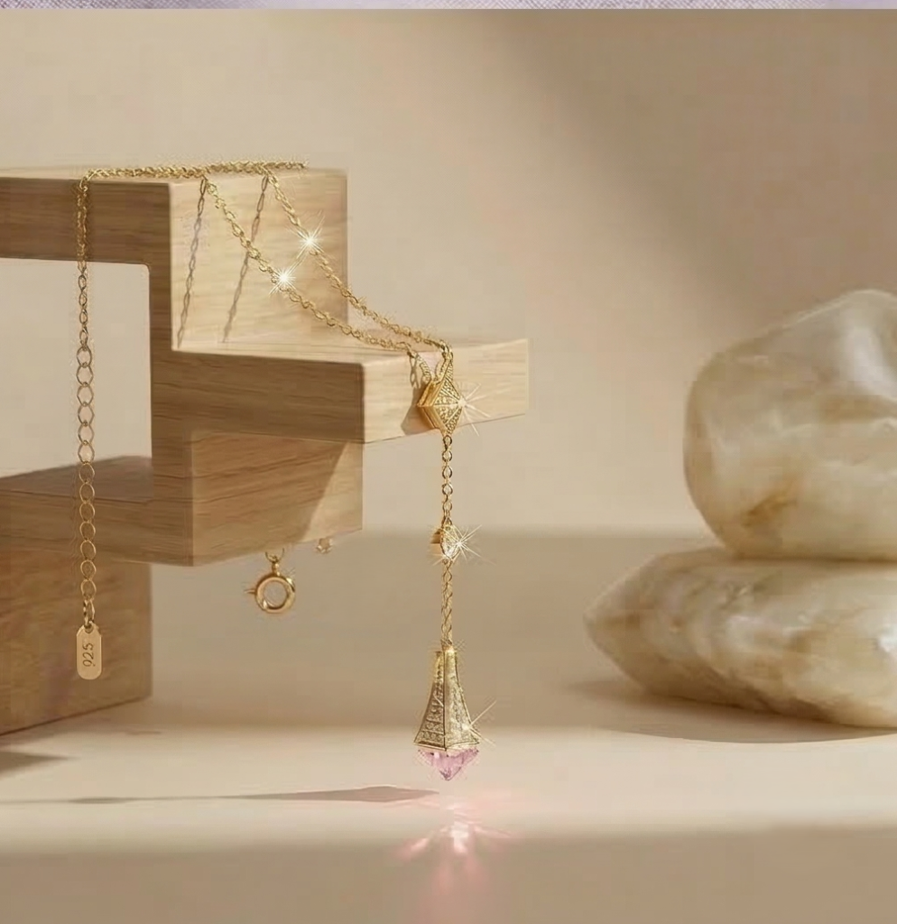 AGOR 925 Sterling Silver Geometric Lariat Drop Necklace Jewellery with Pink Stone in Gold Plated Finish