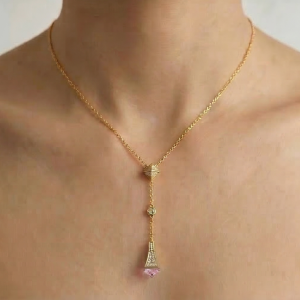 925 Sterling Silver Geometric Lariat Drop Necklace Jewellery with Pink Stone in Gold Plated Finish