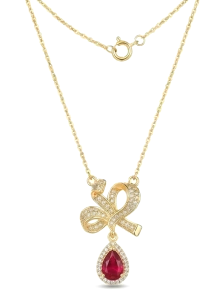 AGOR 925 Sterling Silver Ribbon Bow Pendant Necklace Jewellery with Red Stone in Gold Plated Finish